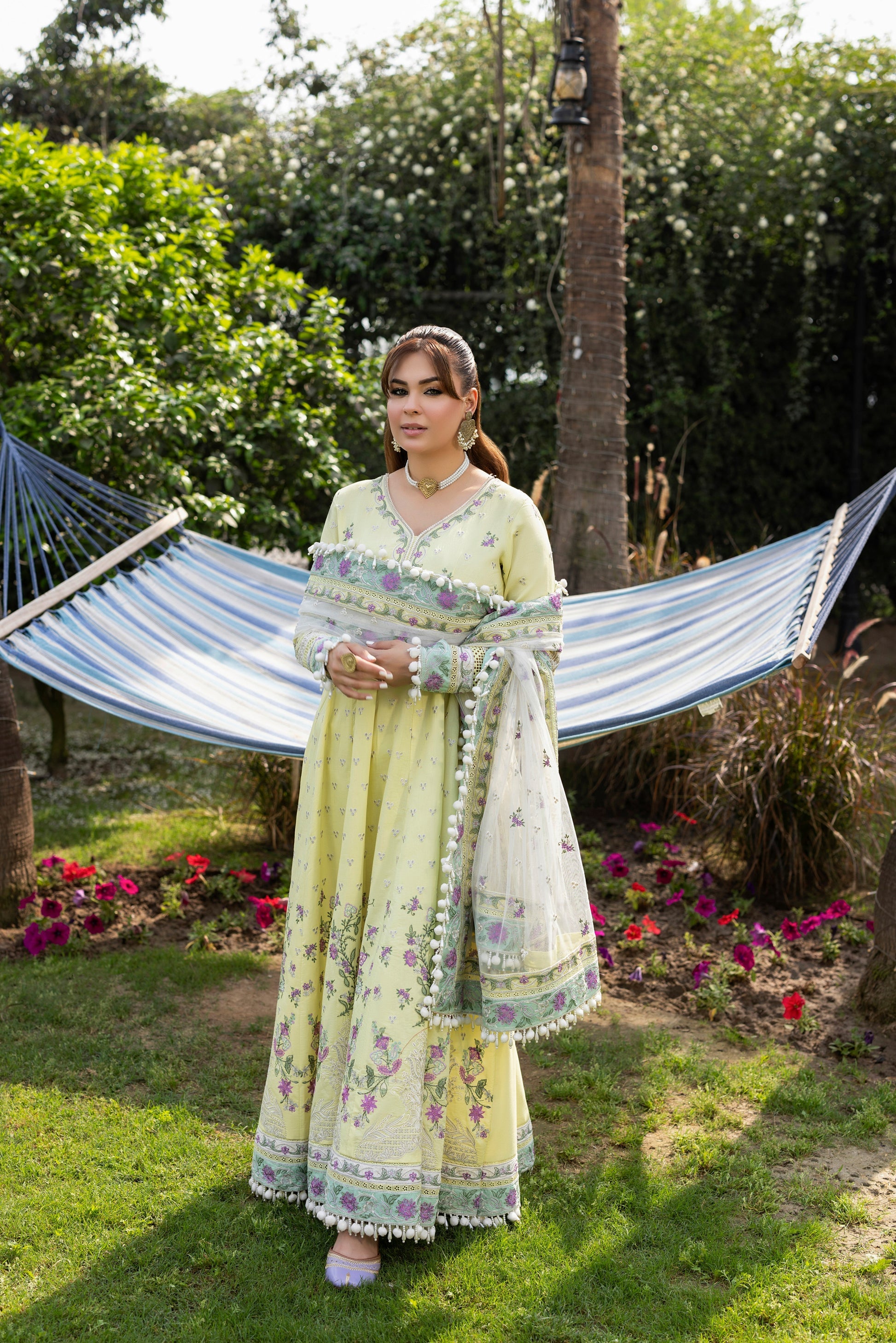 Aneelas - 3 Piece Unstitched Embroidered Lawn Frock Net Emb Duppata - P2620