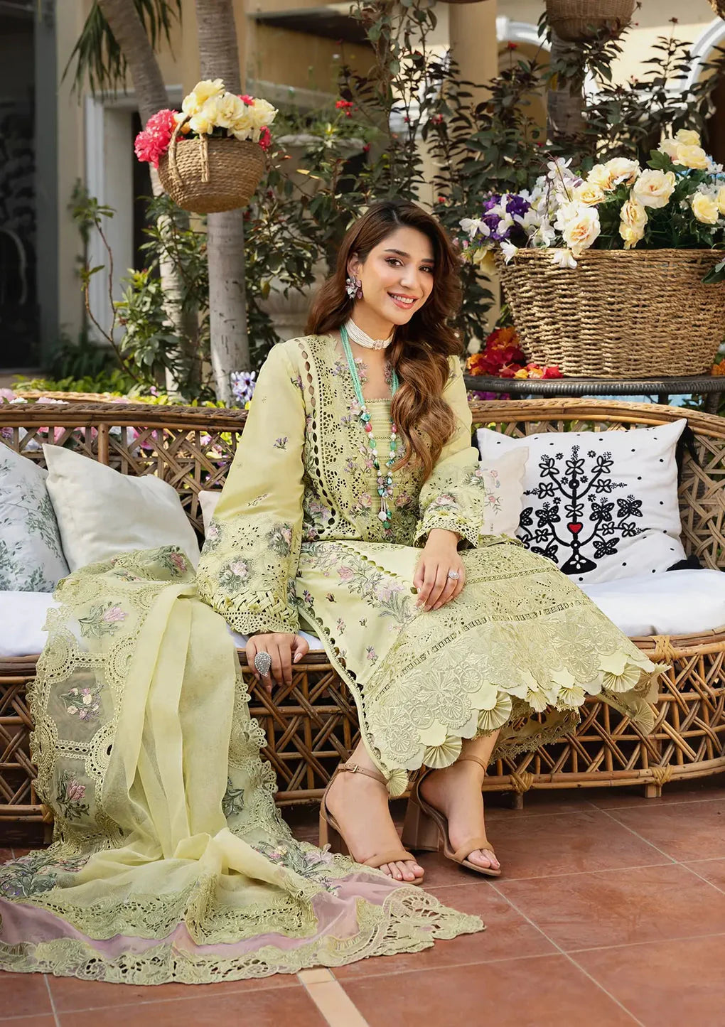 ELAF-3PC LAWN CHIKANKARI EMBROIDERED SHIRT WITH KHAADI NET EMB DUPATTA AND EMB TROUSER - P711