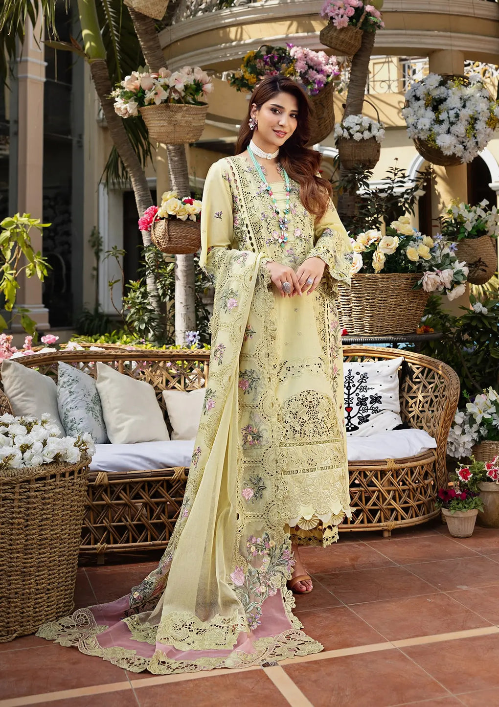ELAF-3PC LAWN CHIKANKARI EMBROIDERED SHIRT WITH KHAADI NET EMB DUPATTA AND EMB TROUSER - P711