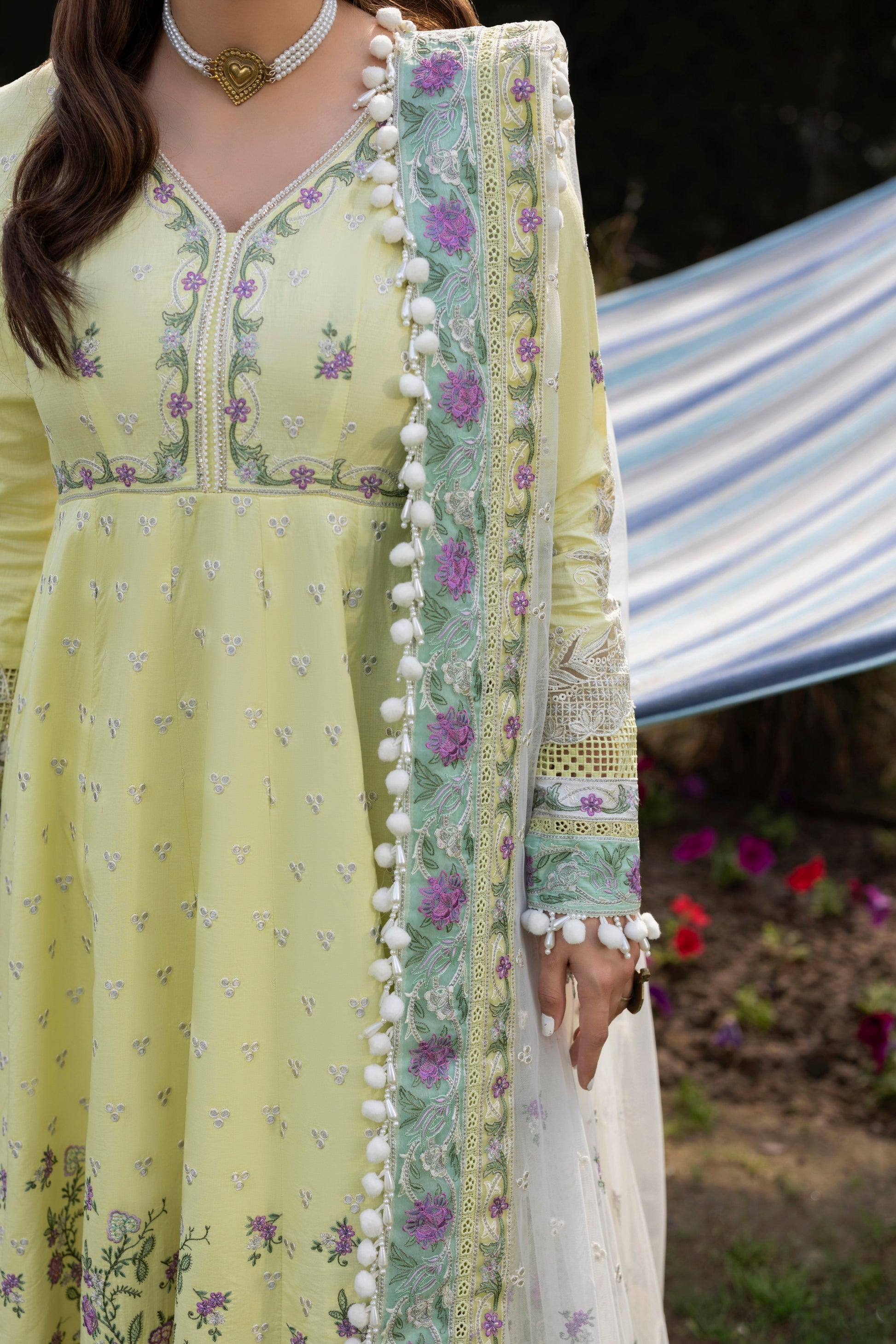 Aneelas - 3 Piece Unstitched Embroidered Lawn Frock Net Emb Duppata - P2620