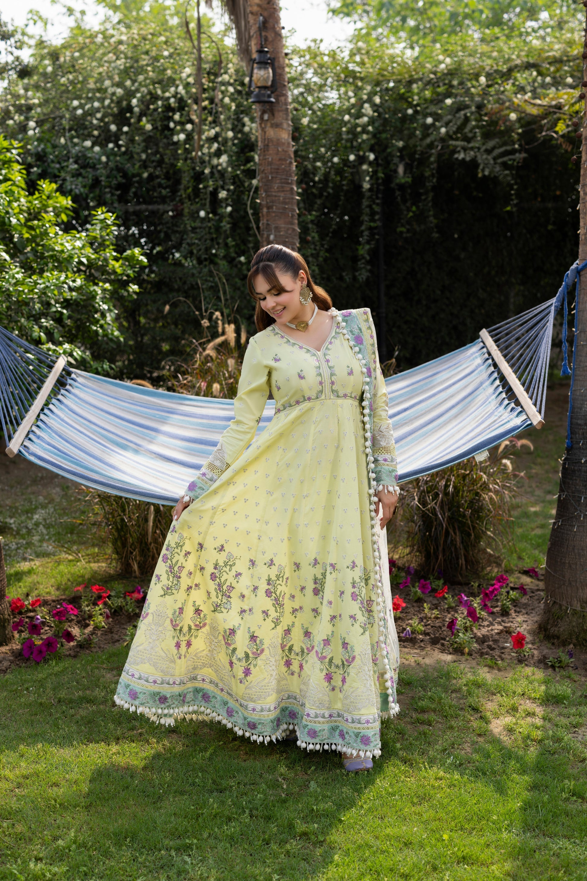 Aneelas - 3 Piece Unstitched Embroidered Lawn Frock Net Emb Duppata - P2620