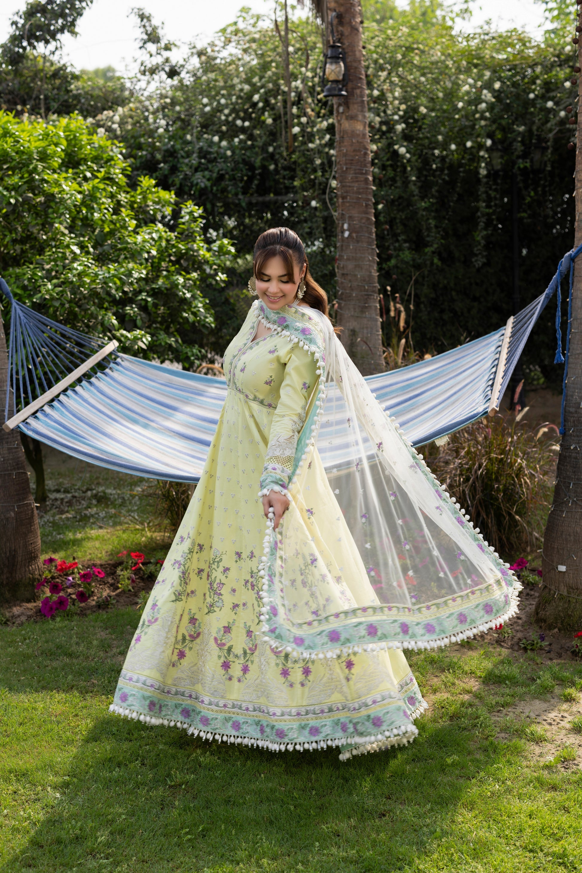 Aneelas - 3 Piece Unstitched Embroidered Lawn Frock Net Emb Duppata - P2620