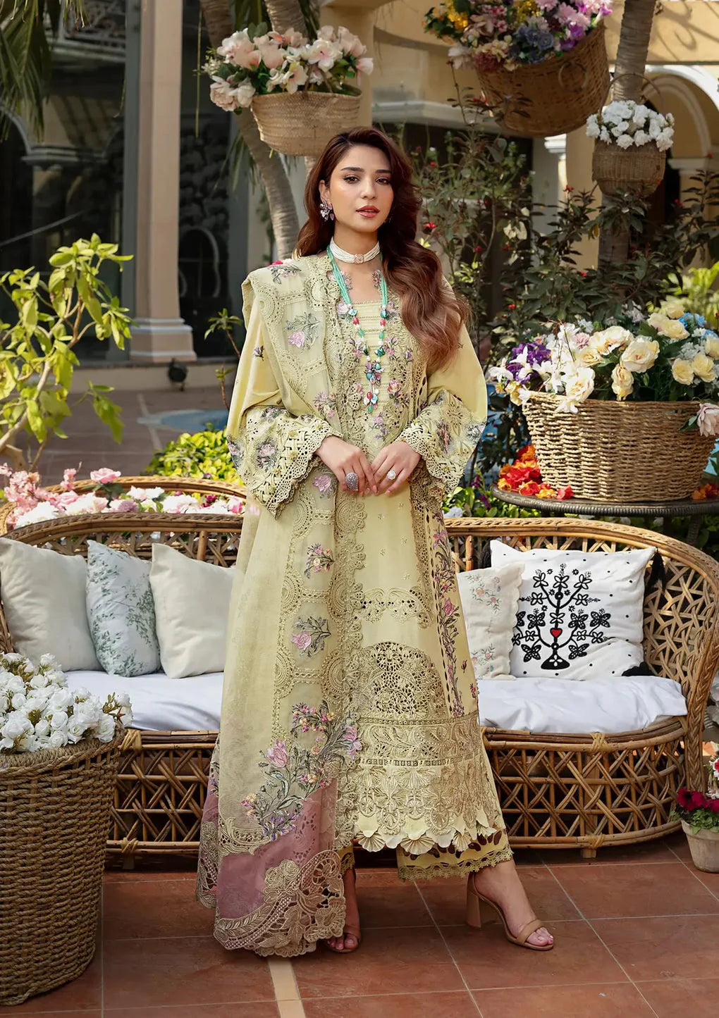 ELAF-3PC LAWN CHIKANKARI EMBROIDERED SHIRT WITH KHAADI NET EMB DUPATTA AND EMB TROUSER - P711