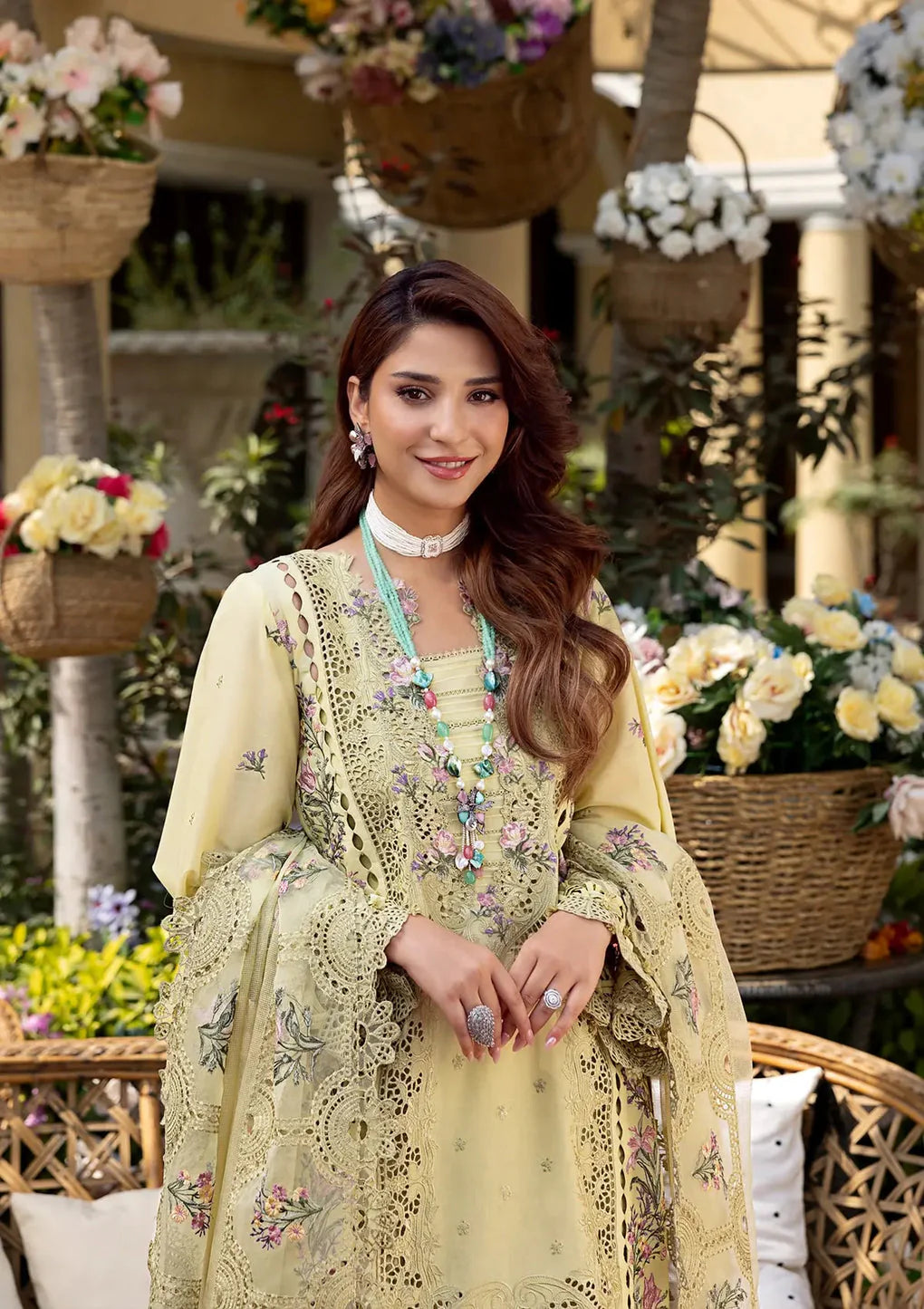 ELAF-3PC LAWN CHIKANKARI EMBROIDERED SHIRT WITH KHAADI NET EMB DUPATTA AND EMB TROUSER - P711