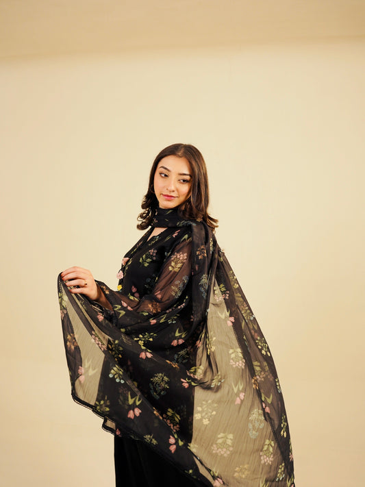 SASHA - 3PC PRINTED CHIFFON SHIRT CHIFFON DUPATTA  VISCOSE INNER & TROUSER - A1001