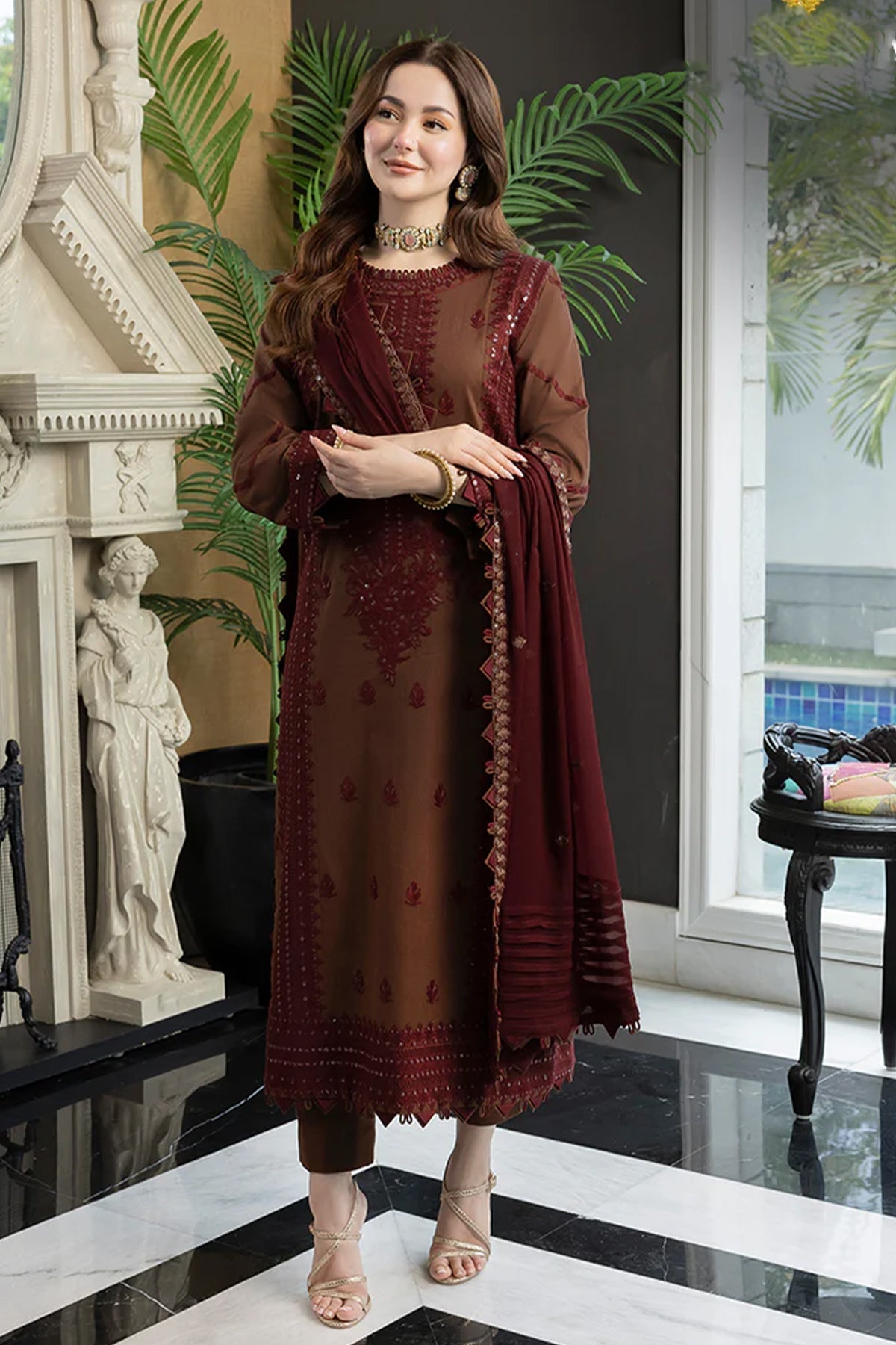 3PC - LAWN EMBROIDERED SHIRT WITH CHIFFON EMBROIDERED DUPATTA AND TROUSER - AJ2556
