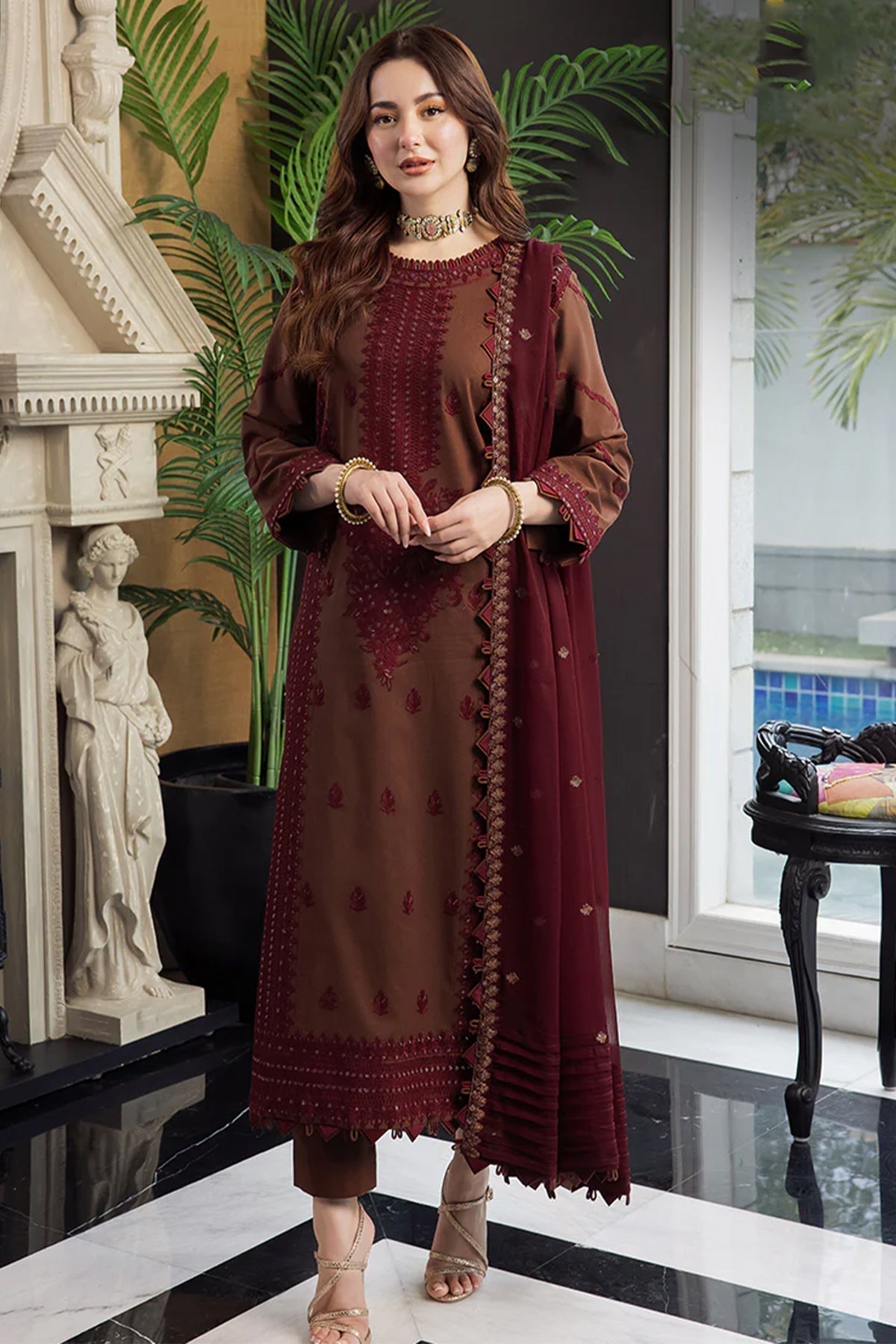 3PC - LAWN EMBROIDERED SHIRT WITH CHIFFON EMBROIDERED DUPATTA AND TROUSER - AJ2556